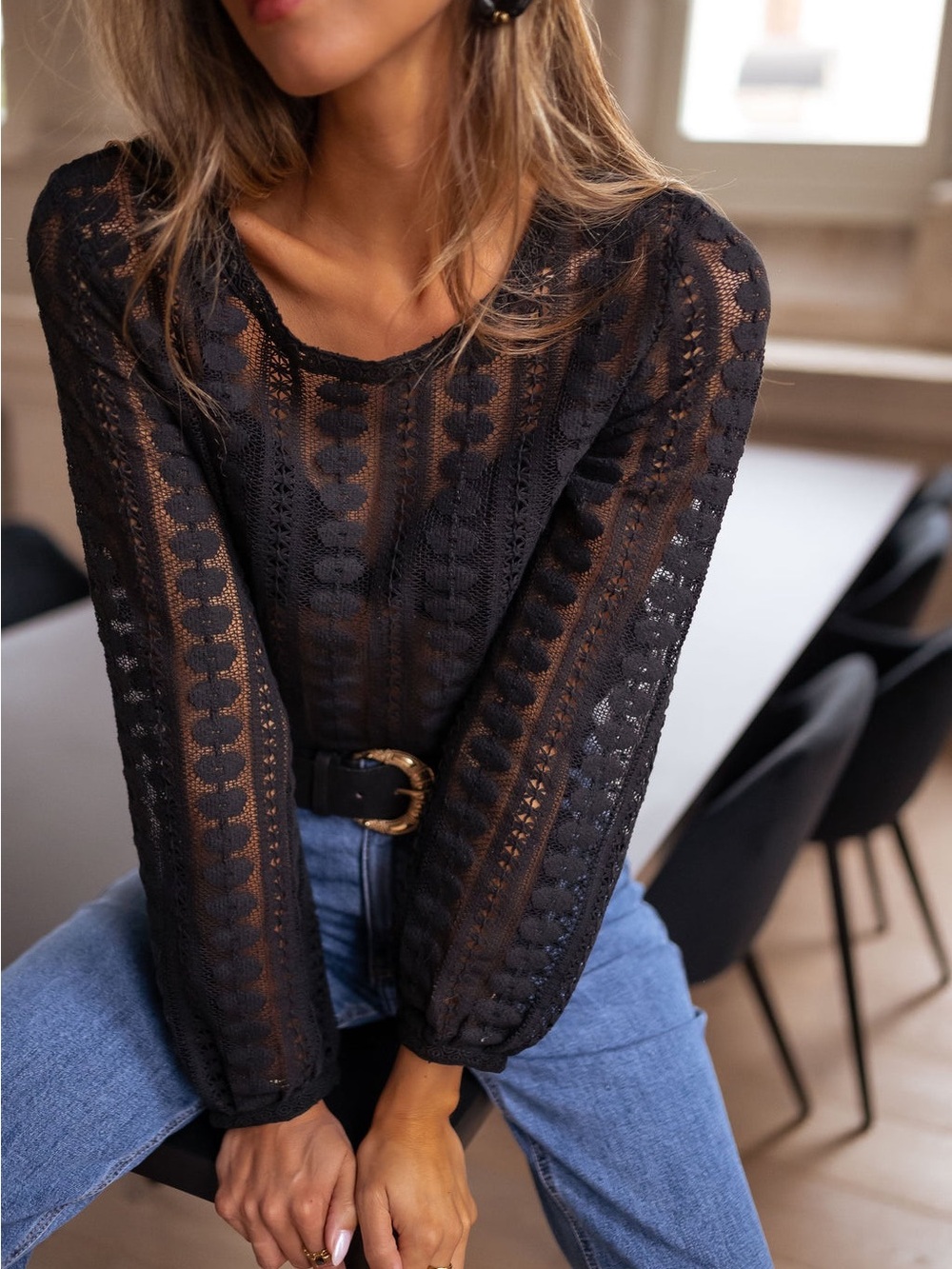 Easy Clothes NWT Laslo Openwork Lace Sheer Blouse Black Women Size L